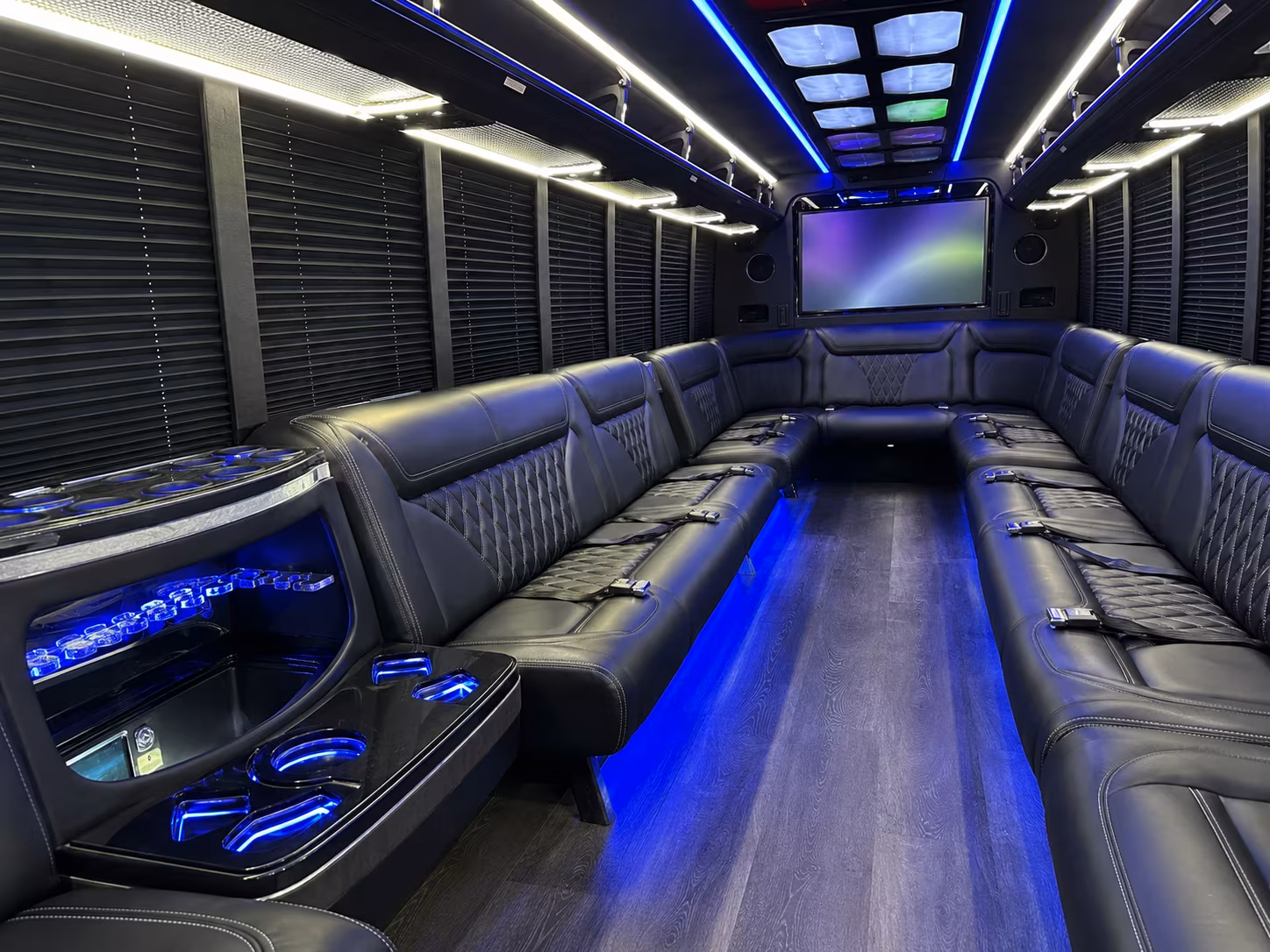 Wedding guests seated inside a party bus serving Daly City