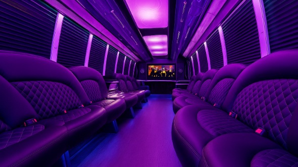 Interior of Charter Bus Company Pacifica's 50 Passenger Party Bus in Pacifica